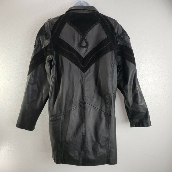 Womens‎ Vintage Black Genuine Leather Winlit short Trench Coat Jacket Medium Y2K - Picture 7 of 12